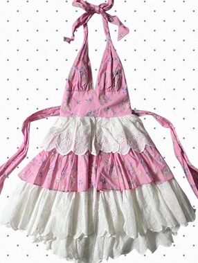 Dolls Kill Sugar Thrillz pink and white layered eyelet halter dress